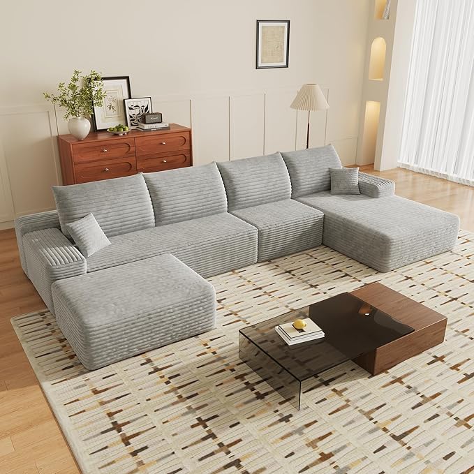 135" U Shaped Boneless Couch with Ottoman, Convertible Sleeper Compression Sofa, Corduroy Couch Sectional for Living Room Bedroom, Deep Seat Foam Cloud Sofas No Assembly, Right Facing Chaise, Grey