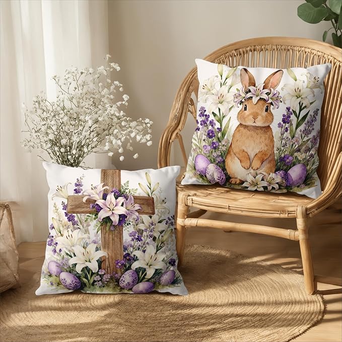 Easter Bunny Throw Pillow Covers 18x18 Set of 2 Watercolor Purple Floral Cross Pillow Covers Spring Lily Flowers Rabbit Farmhouse Decorative Throw Pillows for Home Couch Sofa Bed Porch Decor