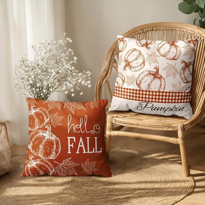 Hello Fall Pumpkin Pillow Covers 18x18 Set of 2 Autumn Maple Leaves Burnt Orange Outdoor Throw Pillows Case Farmhouse Thanksgiving Decorative Cushion Covers for Home Couch Sofa