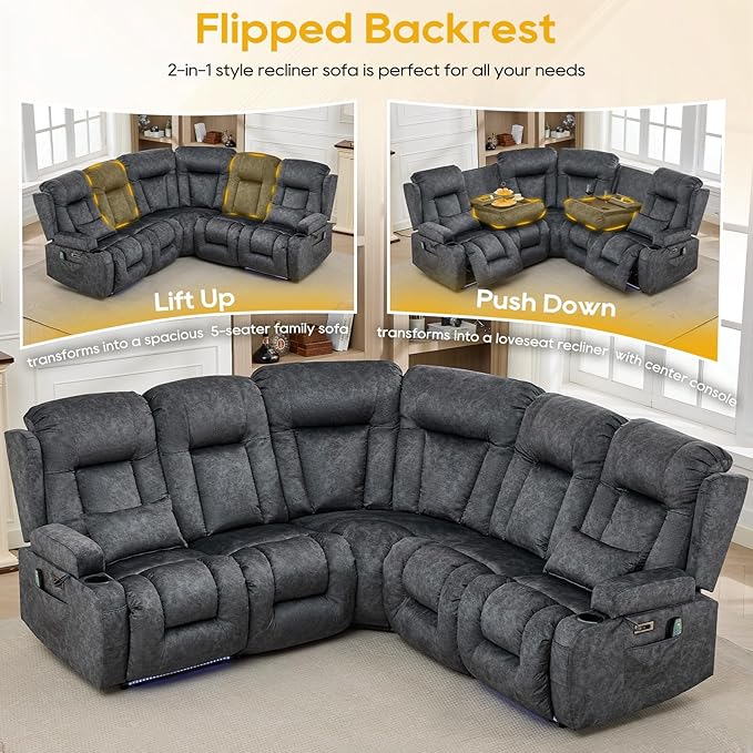 IPKIG Electric Reclining Sectional Sofa, 5-Seater L-Shaped Power Recliner Couch, Wall Hugger Reclinable Movie Seating with Flip-up Backrest, LED Lights, USB+AC Outlets (Dark Grey, 5 Seaters) | Vlvet Fabric, Zero Gravity, Dual Reclining, 2 Lumabr Pillow...