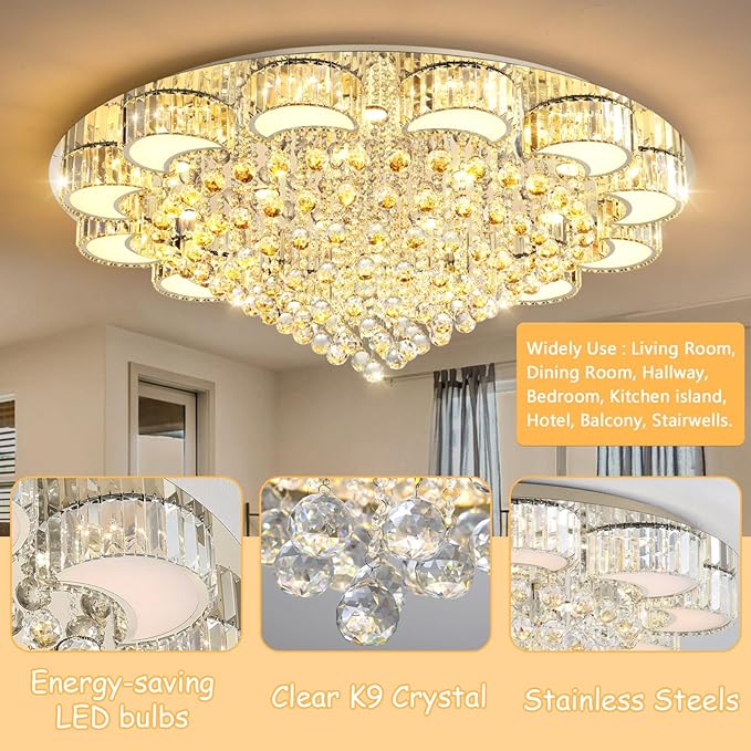 47'' Silver Modern Crystal Chandeliers for Dining Room LED Dimmable Light Fixtures Flush Mount Light Living Room Bedrooms