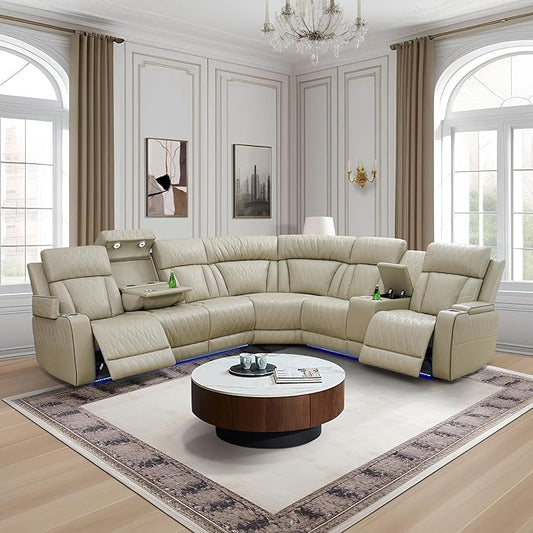 Power Recliner Sectional Sofa Set, Leather Couches for Living Room, Power Reclining Sofa 3 Piece Set with USB Ports, Cup Holder, Hidden Storage (Beige)