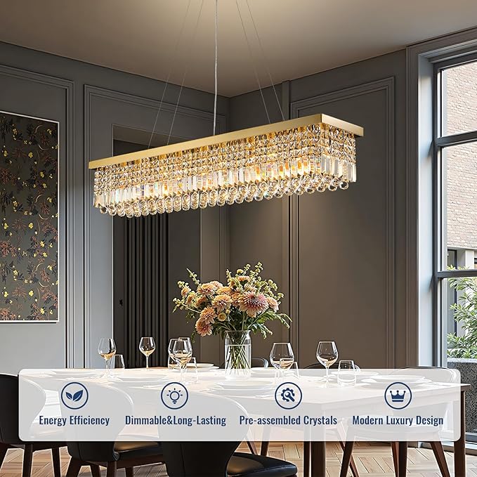 Modern Crystal Chandelier for Dining Room,10-Light K9 Rectangle Farmhouse Chandeliers,Gold Chandeliers,Pendant Light Kitchen Island Bar Bedroom Party Wedding Hotel