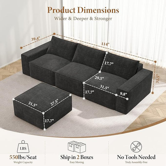 Vesgantti 114" Modular Boneless Couch, Modern 3 Seater Sectional Sofa with Ottoman & Deep Seat, Convertible Chenille L Shaped Cloud Couches for Living Room, No Assembly Required, Dark Grey