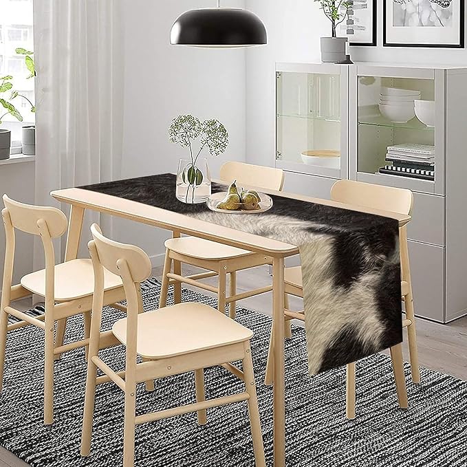 Cowhide Table Runner Black and White Milk Cow Western Style 3D Cow Fur Skin Texture Table Runner for Living Room Kitchen Dining Table Decoration 13x120in
