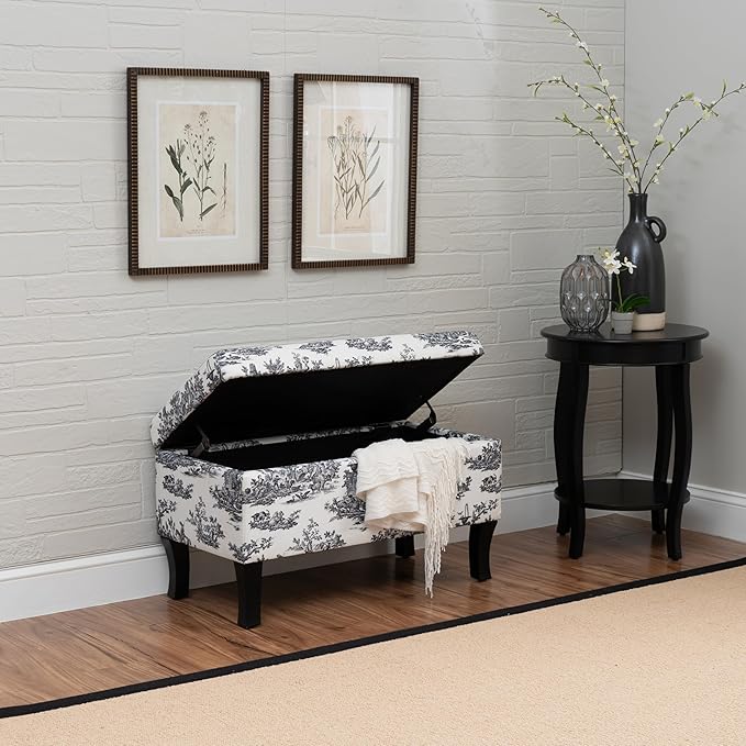 Linon Stephanie Black and White Toile Fully Upholstered Bench with Hidden Interior Storage