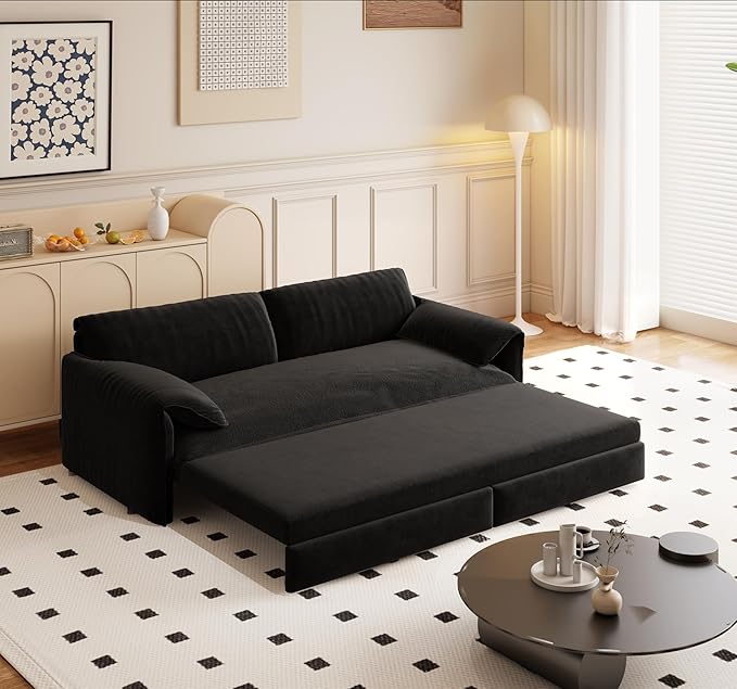 Eafurn 66" Convertible Sofa Bed Queen Size, 3-in-1 Pull Out Sleeper Couch Sofabed, Modern Velvet Loveseat Chaise Lounge w/Side Storage Pocket for Living Room Office | Removable Cushions