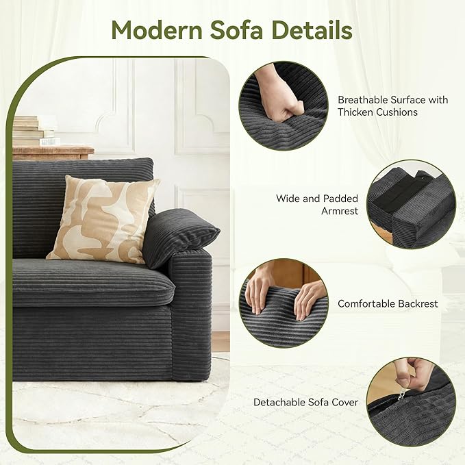 86" Loveseat Sofa Grey Corduroy Couch,Modern Cloud Sofa Love Seat, Deep Seat Slipcovered Sofa with 2 Wide Armrest Pillows for Small Spaces Apartment Studio Office Bedroom Living Room