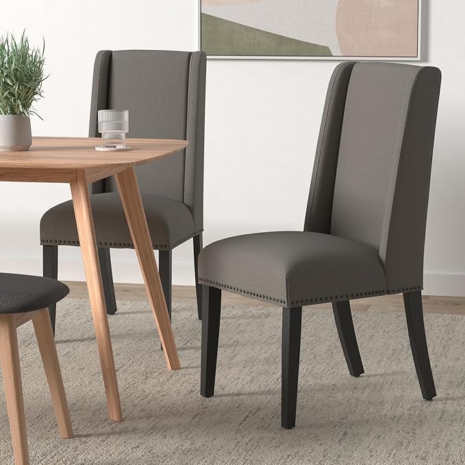 Modway Baron Modern Tall Back Wood Upholstered Fabric Two Dining Chairs in Granite