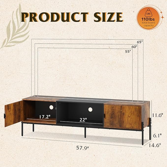 WLIVE TV Stand for 65 Inch TV, Mid Century Modern Entainment Center with 2 Storage Cabinets & Open Shelf, TV Console Table Media with Metal Legs for Living Room, Bedroom, Rustic Brown