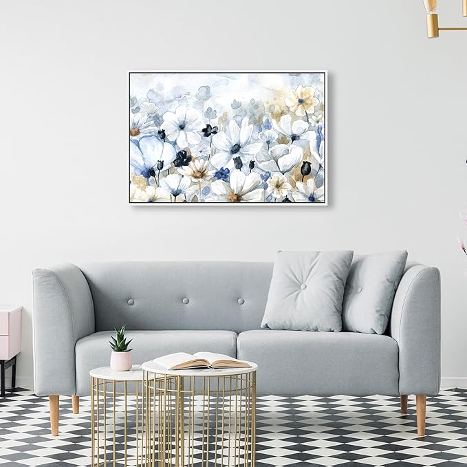 The Oliver Gal Artist Co. Floral and Botanical Wall Art Framed Canvas Prints 'Fields Flowers Home Décor, 30" x 20", Blue, White