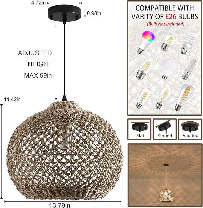 Rattan Pendant Light Fixture,13.79" Boho Rattan Kitchen Island Seagrass Lighting, Hand Woven Coastal Wicker Chandelier,for Farmhouse Dining Room Entryway Foyer 1-Light