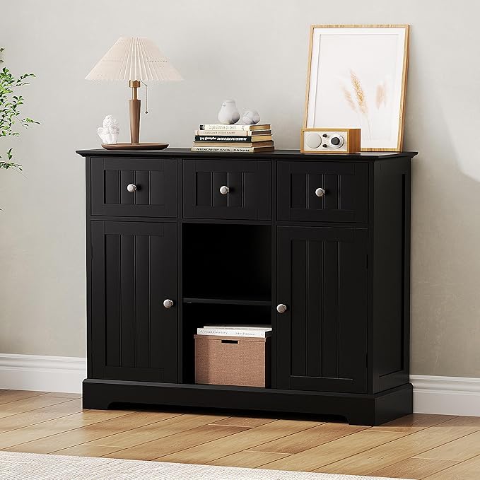 ChooChoo Buffet Cabinet, Coffee Bar with Drawers and Doors, Sideboard Storage with Shelves for Kitchen, Dining Room, Living Room, Black
