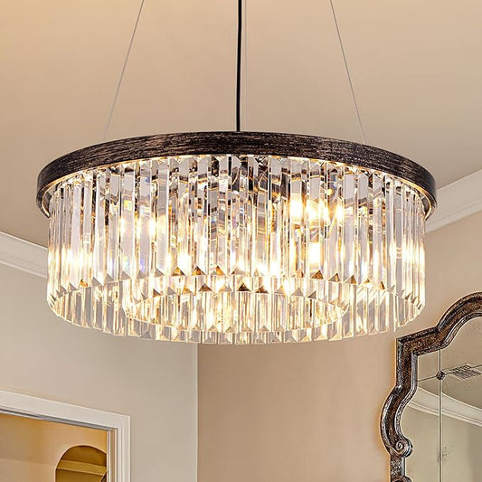 Wellmet Crystal Chandeliers for Dining Room Light Fixture, 6 Lights Farmhouse Chandelier, Modern Pendant Lights for Living Room, Kitchen Island, Bedroom, entryway, Hallway, Antique Bronze, W-21.65”