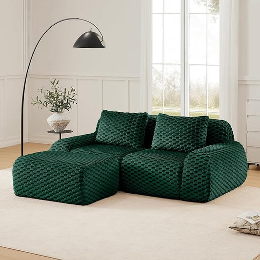 KEIKI 81.9" Loveseat Boneless Couches for Small Living Room, Flexible Modular Sectional Velvet Sofa with Ottoman, Plush Deep Seat Lounge Couch for Apartment Furniture, Chaise Lounge Indoor, Green