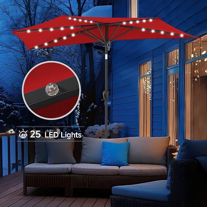 9ft Solar Half Umbrellas Outdoor - LED Half Patio Umbrella with 25 Lights, UV Protection Waterprool, Half Round Umbrella for Wall Balcony, Pool, Porch, Garden, Deck, Backyard, Red