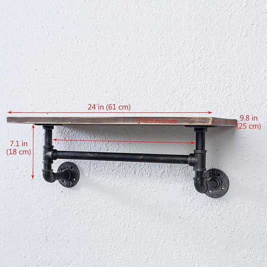 MBQQ 1 Tier Shelving Bathroom Pipe Shelves with Towel Bar Over Toilet, 24 inch Pine Wood Floating Shelves for Wall Mounted Bedroom,Kitchen, Farmhouse, Living Room