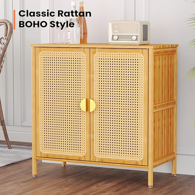 Pellebant Boho Buffet Cabinet with Storage, Bamboo Sideboard Cabinet with Rattan Decorated Doors and Shelves, Kitchen Pantry Cabinet for Hallway, Entryway, Living Room, Natural