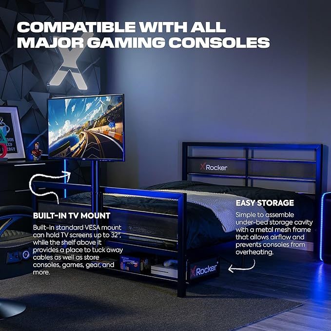 X Rocker Basecamp Full Size Gaming Bed, Rotating TV Mount with Vented Console Storage, Metal Mesh Frame with Slats, Amazon Exclusive, Black