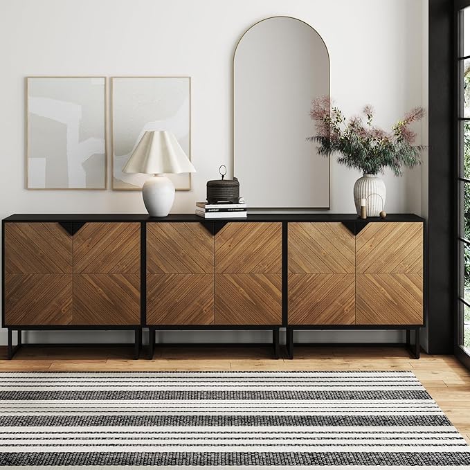 Nathan James Enloe Modern Sideboard Buffet Storage Accent Cabinet TV Stand with Doors in Rustic Pine Wood Finish and Matte Metal Base for Hallway, Kitchen or Living Room, Walnut Brown/Black, Set of 3