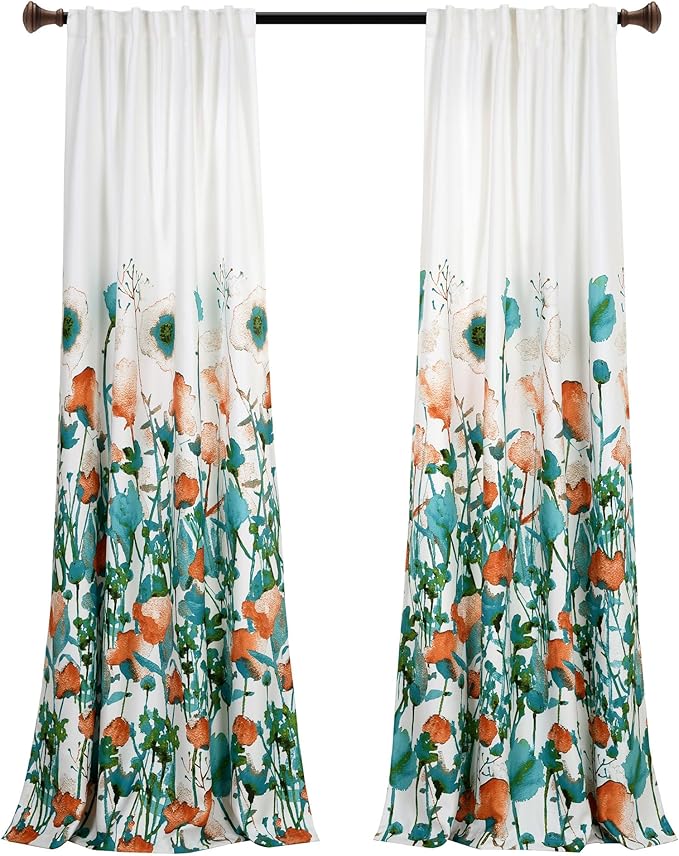 Lush Decor Zuri Flora Room Darkening Window Curtain Panels Pair 52" W x 84" L Turquoise & Orange - Room Darkening Curtains for Bedroom - Floral Curtains