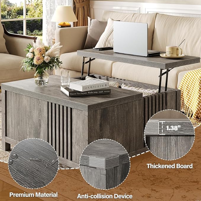 Farmhouse Lift Top Coffee Table with Storage, 35" Square Large Coffee Table with Hidden Compartment, Rustic Wood Center Table for Living Room, Grey Oak