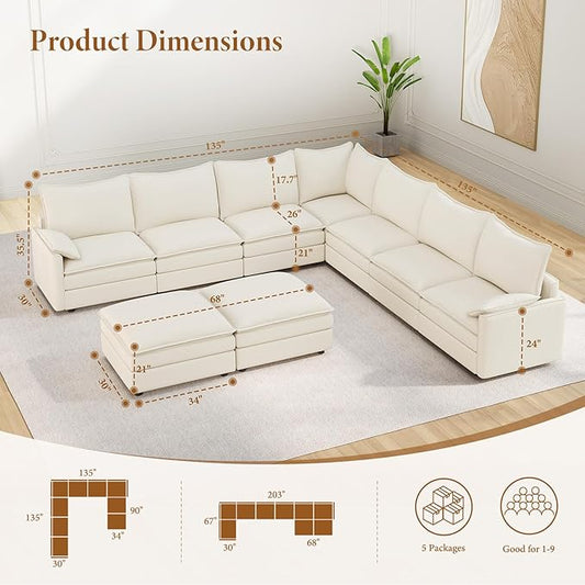 Vesgantti Large Modular Sectional Sofa, Big Comfy Cloud Couch with Ottoman Deep Seat Chenille Cloud Sofa, 9 Seater Large Sectional Couches for Living Room, Bedroom and Apartment, Snow White | Sink-in Comfort, Height Adjustable, Easy Rearrangement, Extr...