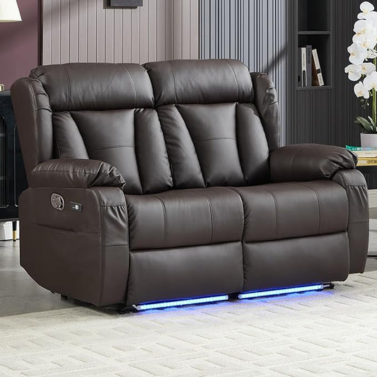 59" Loveseat Recliner Sofa, Manual Reclining Double Loveseat with USB-A & USB-C Ports/LED Lights, RV Couch for Living Room & Home Theater with Cup Holders/Side Pockets (Brown with LED)