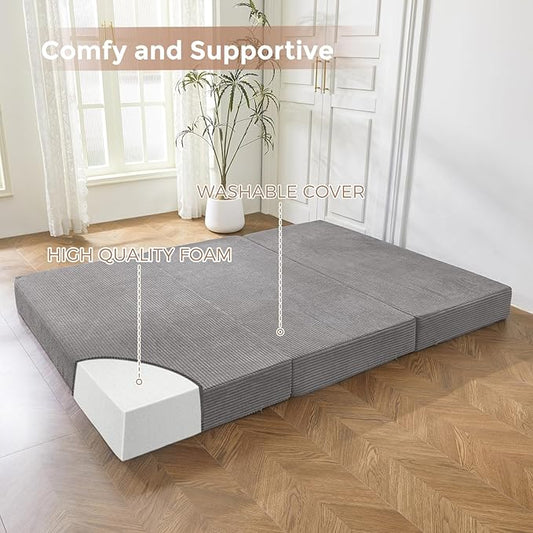 BYBYME Corduroy Tri-Folding Mattress, 6 Inch Gel Folding Mattress Topper, Foldable Soft Guest Bed Camping Pad, Washable Cover (Grey, Queen)