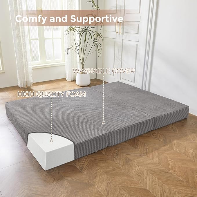 BYBYME Tri-Folding Corduroy Mattress, 6 Inches Gel Folding Mattress Topper, Foldable Soft Guest Bed Camping Pad, Washable Cover (Grey, Twin)