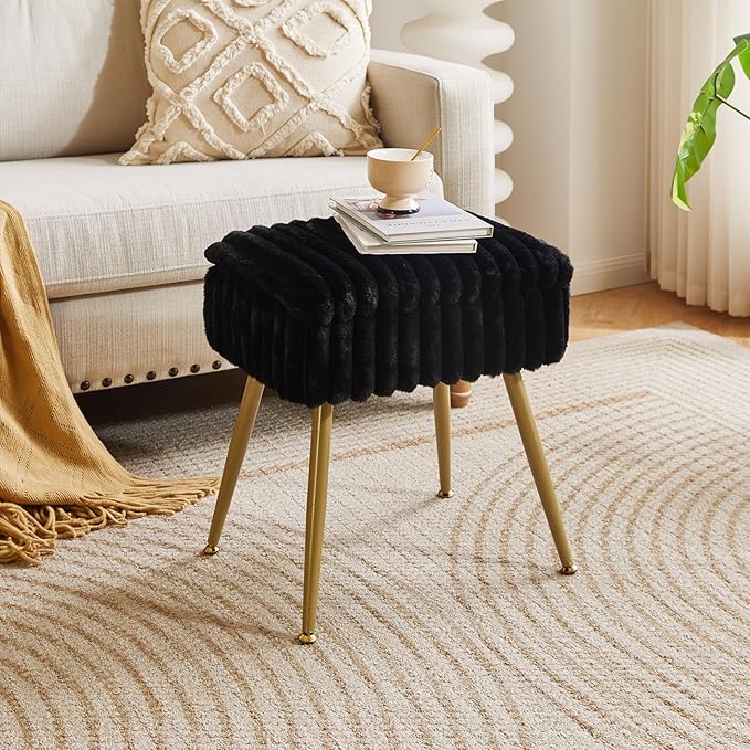 Vanity Stool with Storage, Faux Fur Vanity Chair, Footrest Ottoman, Multifunctional Makeup Vanity Chair for Bedroom Black YD-MS151B
