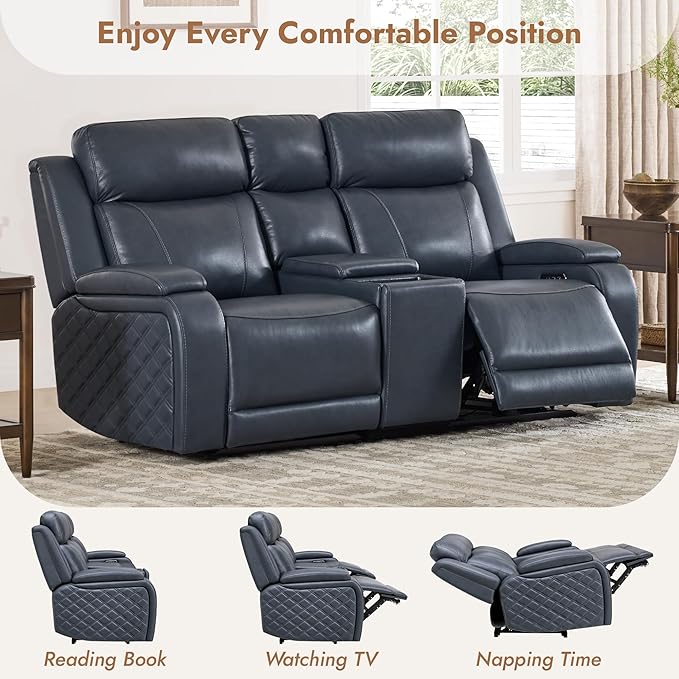 Watson & Whitely Genuine Leather Power Loveseat Recliner Sofa, Zero Gravity Reclining Sofa with Console, Power Headrest & Wireless Charging, Cup Holder, 2-Seater Recliner for Living Room, Navy Blue