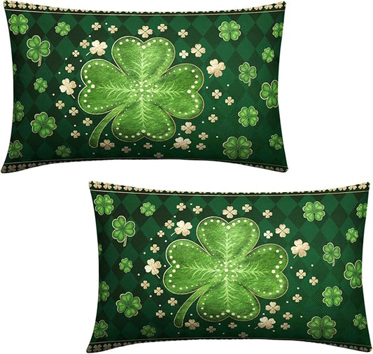 St Patricks Day Shamrock Lumbar Throw Pillow Covers 12x20 Set of 2 Green Buffalo Plaid Check Lucky Clovers Outdoor Decorative Pillow Covers Spring Rustic Pillow Cases for Farmhouse Living Room Decor