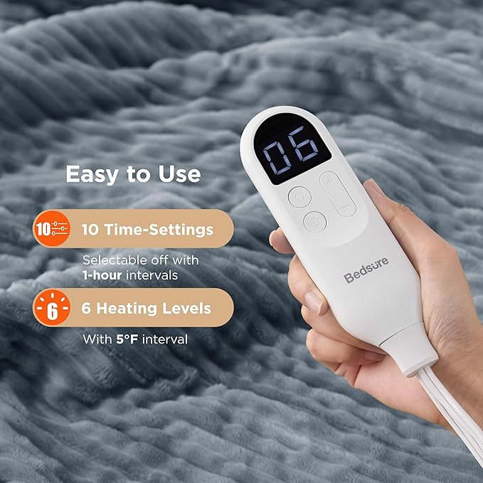 Bedsure Electric Blanket Twin - Soft Ribbed Flannel Heated Blanket, Heating Blanket with 10 Time Settings, 6 Heat Settings, and 8 hrs Timer Auto Shut Off (62x84 inches, Grey)