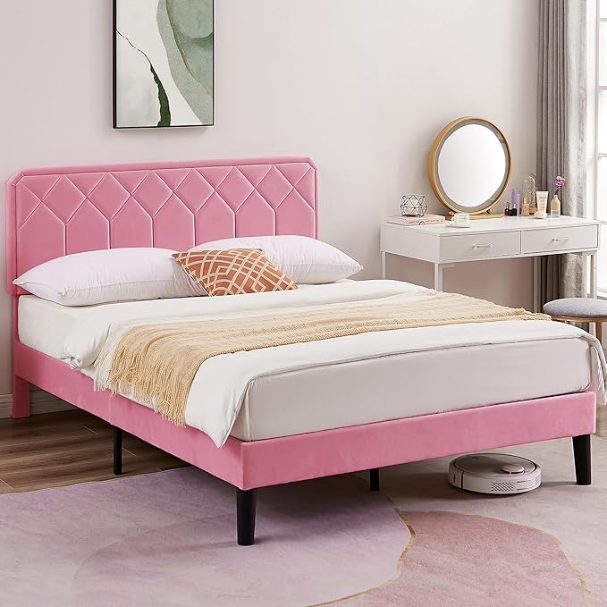 VECELO Queen Size Bed Frame Premium Velvet Upholstered Platform with Height Adjustable Headboard/Mattress Foundation, Solid Wooden Slat Support, No Box Spring Needed/Easy Assembly