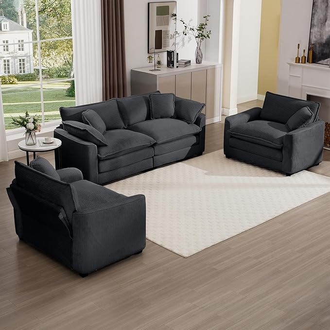 KEIKI 3-Piece Sofa Set with 1 Oversized Corduroy Loveseat Sofa & 2 Single Sofa, Upholstered 4-Seater Couch Set with 6 Pillow, High-Density Foam Cushions, Removable Armrests, for Living Room, Grey