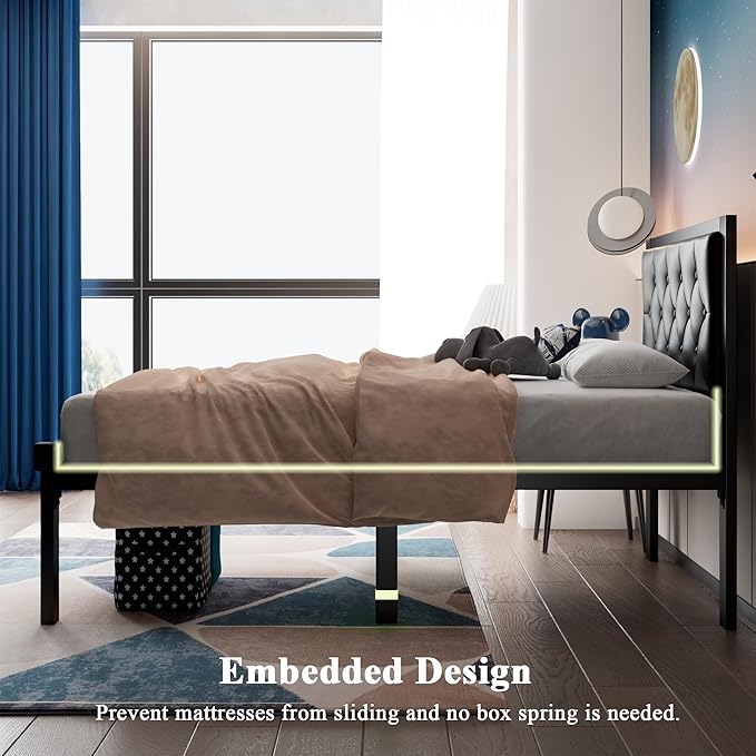 Feonase Twin Size Metal Bed Frame with Faux Leather Button Tufted Headboard, Heavy-Duty Platform Bed Frame with 12" Storage, Steel Slats Support, No Box Spring Needed, Noise Free, Black
