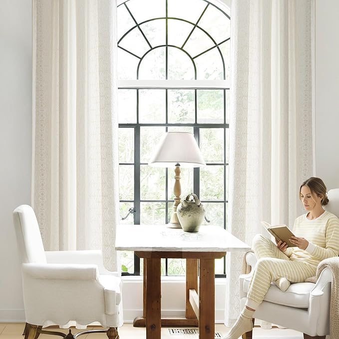 NICETOWN Cream Linen Curtains 9 ft High, Contemporary Floral Ivory White Embroidered High Ceiling Drapes for Cottage, Breathable Texture Chic Geometric Patterned Bronze Grommet, W52 x L108, 2 Panels