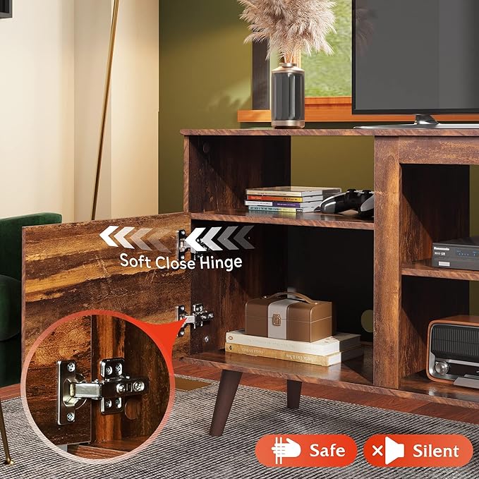 WLIVE Mid-Century Modern TV Stand for 55 60 65 Inch TV, Entertainment Center with Extra Open Shelf & Storage Cabinets, Media TV Console for Living Room Bedroom Office, Retro Brown