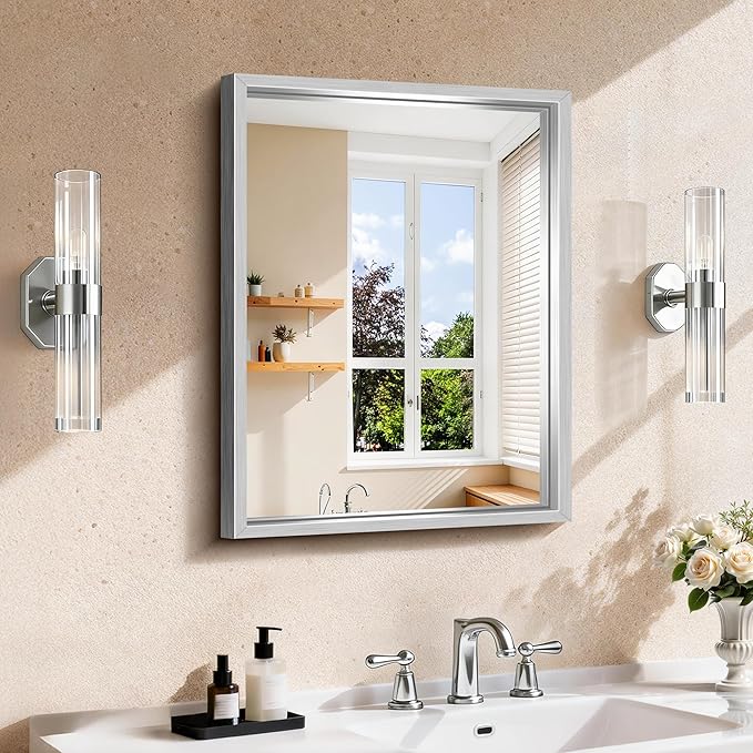 CIRCUMI 18"x24" Silver Mirror with Chunky Box Metal Frame, Brushed Finish Rectangular Bathroom Mirrors for Over Sink, Living Room, Entryway, Tempered Glass Mirror for Wall, Vertical or Horizontal