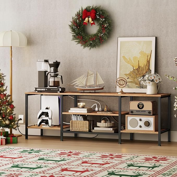 HOOBRO TV Stand with Power Outlets to 75 Inches, TV Console Table with Open Storage Shelves Cabinet, Industrial Media Entertainment Center for Living Room Bedroom, Rustic Brown and Black BF60DS01