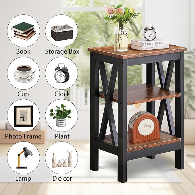 VECELO End Side Table Night Stand Set Of 2,X-Design with Storage Shelf for Bedroom,Living Room,Brown