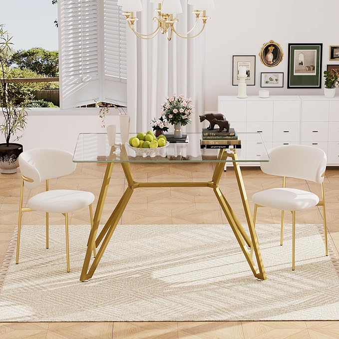 KEIKI 47.3 in Rectangular Glass Dining Table, Suitable for 1-6 People, Modern Style Home Kitchen Dining Table, Equipped with Sturdy Metal Table Legs, Suitable for Dining Room, Living Rooms, Gold