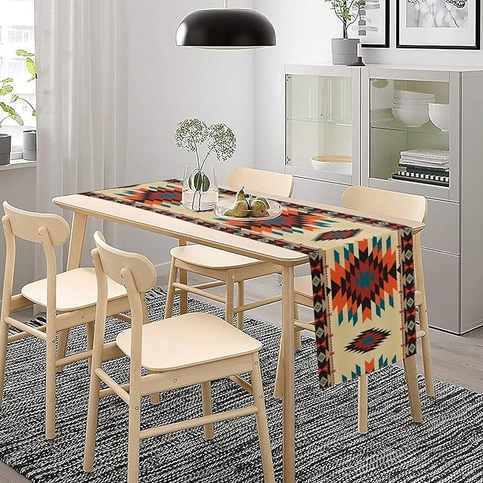 Aztec Southwest Retro Table Runner Vintage Geometry Triditional Ethnic Style Garden Farmhouse Dining Table Decoration for Living Room Kitchen 13x70in