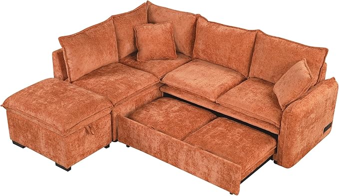 ERYE 82.5-Inch Left Facing Corner Sleeper Sectional Sofa Bed for Living Room Office,L-Shaped Chenille Upholstered Convertible Pull Out Sleeper Couch Bed W/Storage Ottoman | USB-C Ports