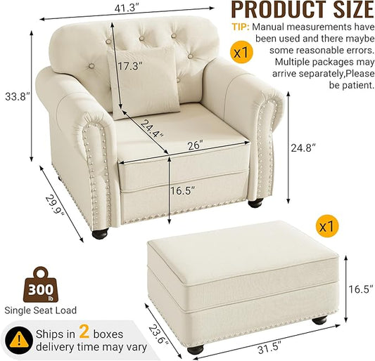 KEIKI 41" Velvet Chesterfield Sofa with Rolled Arms & Nailhead Trim & 1 Ottoman, Modern 1-Seater Button Tufted Couch with High Resilience Cushion & 1 Pillow, Easy Assembly, for Living Room, White