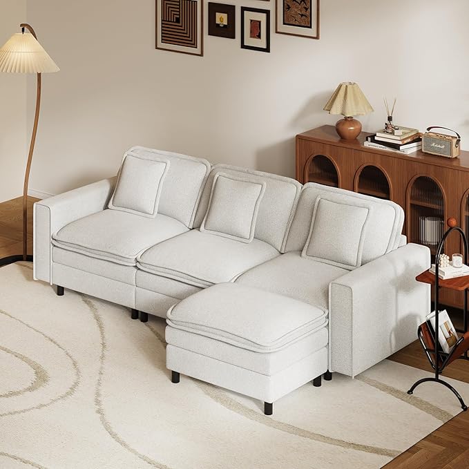 MALOL Modular Sectional Sofa 107", Comfy Cloud Couch with Ottoman, Deep 4-Seat L Shaped Modular Sofa, Couches with Throw Pillows for Living Room, Beige