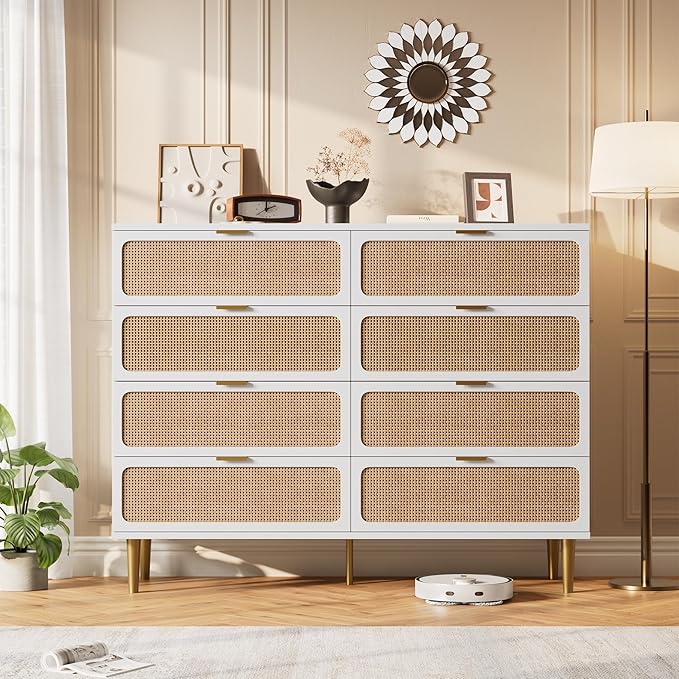 GarveeHome Rattan 8 Drawer Dressers for Bedroom, Tall Dresser with Deep Drawers, Large Chest of Drawers for Closet with Wide Top, Long Wooden Dresser for Living Room, Hallway, Kids Room, White