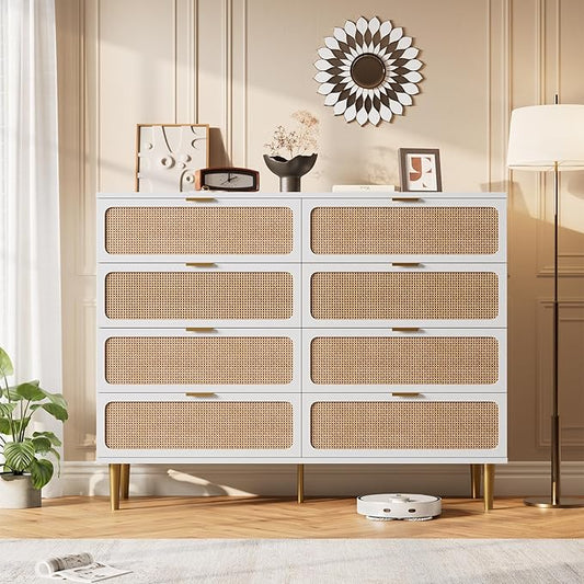 GarveeHome Rattan 8 Drawer Dressers for Bedroom, Tall Dresser with Deep Drawers, Large Chest of Drawers for Closet with Wide Top, Long Wooden Dresser for Living Room, Hallway, Kids Room, White