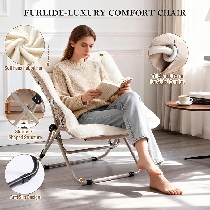 Saucer Chair, Comfy Bedroom Chairs, Oversized Folding Faux Fur Chair, Foldable Metal Frame Chair for Living Room, Balcony, Patio, Study, Playroom (Beige)